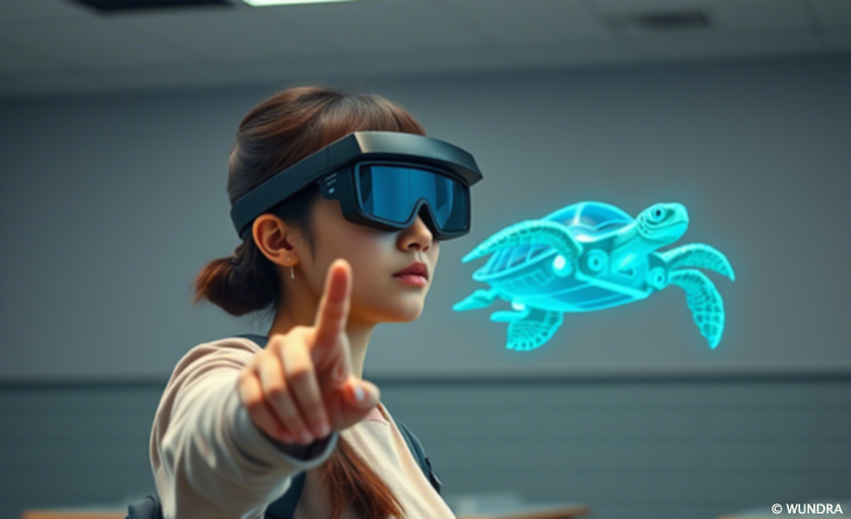 Teen student wearing Hololens headset and touching a holographic turtle robot