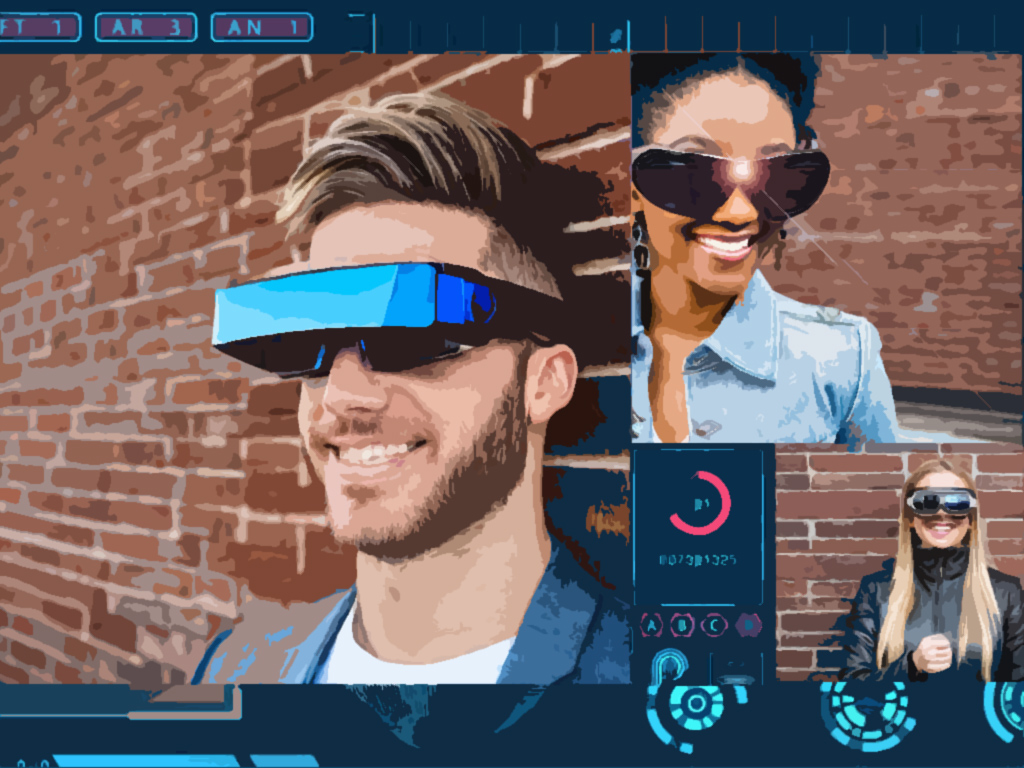 3 British students using different futuristic Augmented Reality glasses outdoors