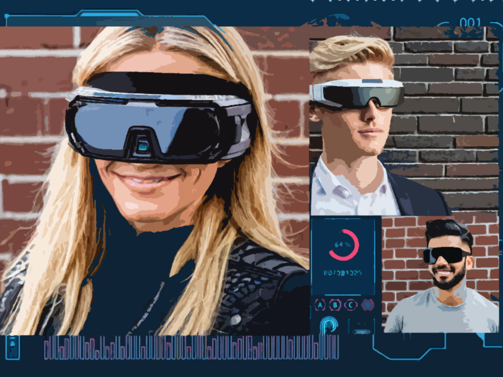 3 students using different modern mixed reality headsets outside