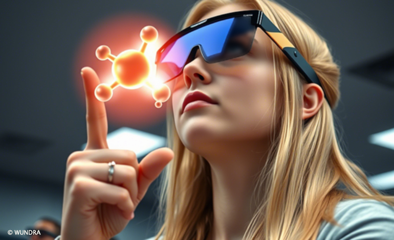 Student using Virtual Reality headset to assemble a 3D caffeine molecule