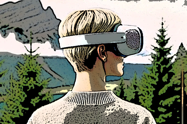 Woman with headset outdoors reading VR news