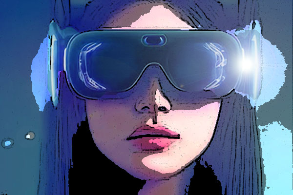 Woman with futuristic cutting-edge slim VR headset prototype
